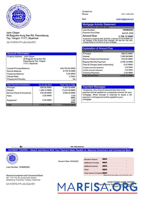Realistic Myanma Investment and Commercial Bank mortgage statement Word and PDF template